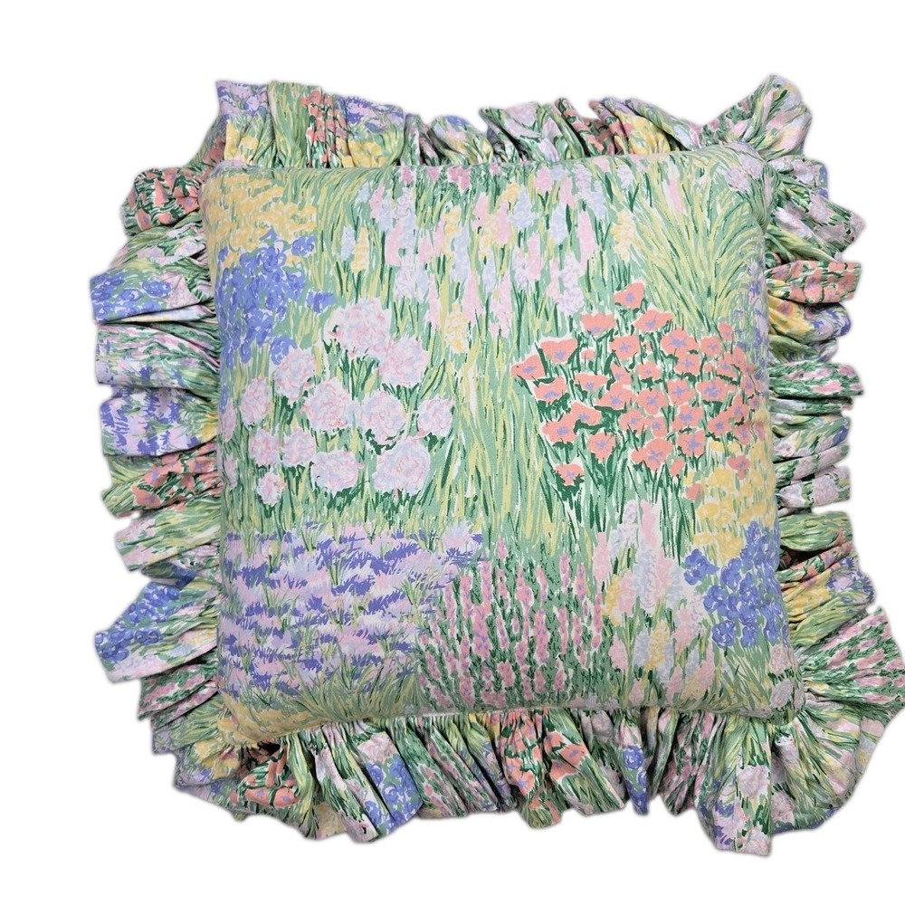 2 Pastel Floral Monet Watercolor Wildflower Throw Pillows Ruffled 14x14
